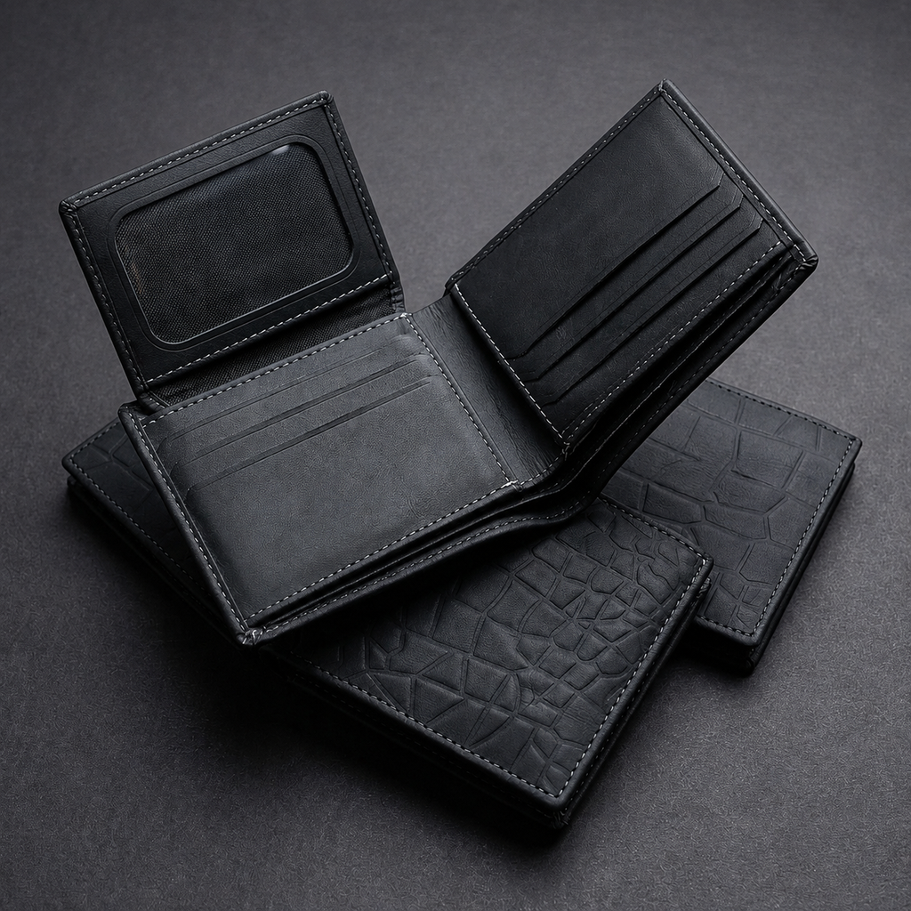 Men's Crocodile-Textured Leather Bi-Fold Wallet with ID Window